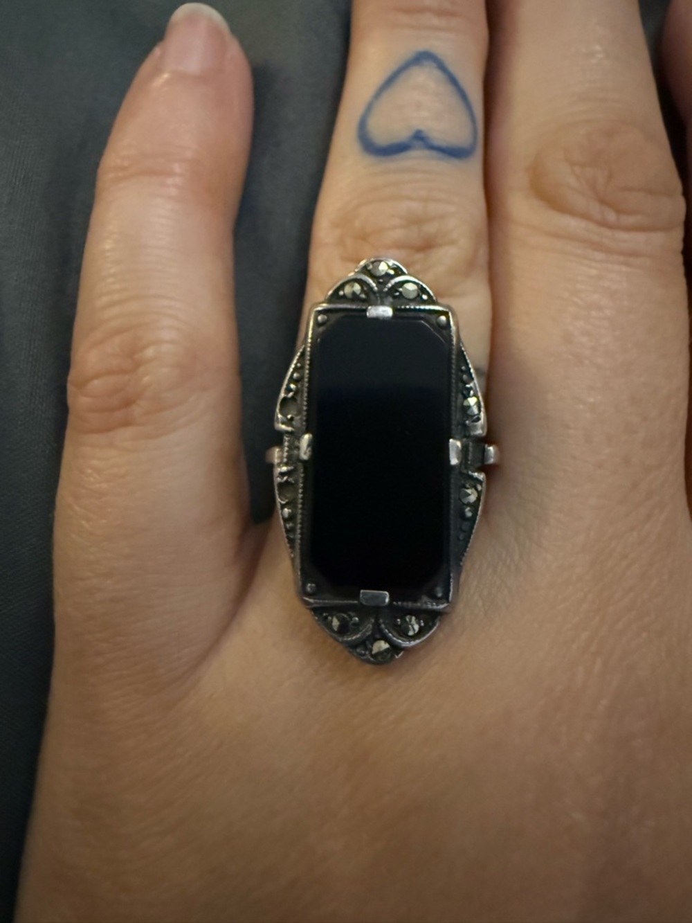 Vintage 925 Black Onyx Marcasite Ring